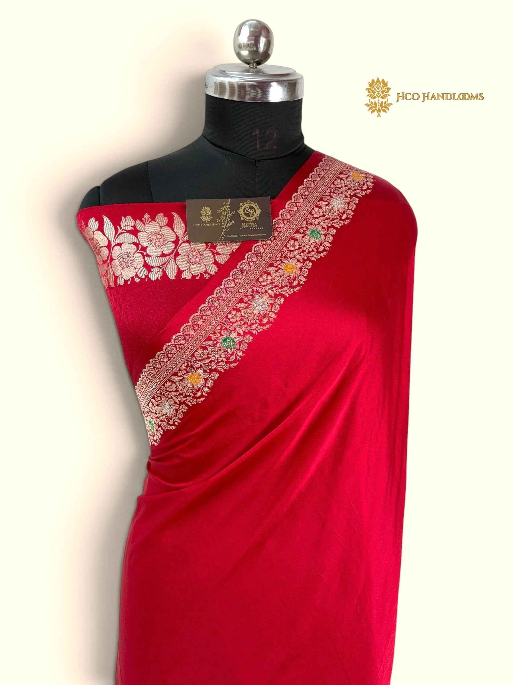 Cherry Red Premium Mashru katan Silk Banarasi Saree - All Over Meenakari Skirt