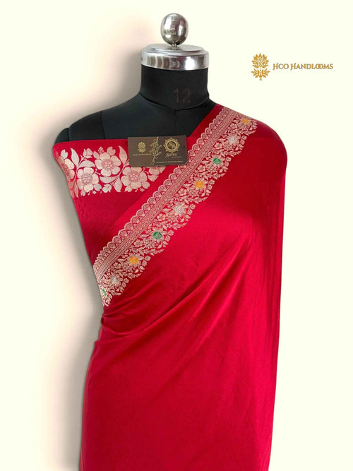 Cherry Red Premium Mashru katan Silk Banarasi Saree - All Over Meenakari Skirt