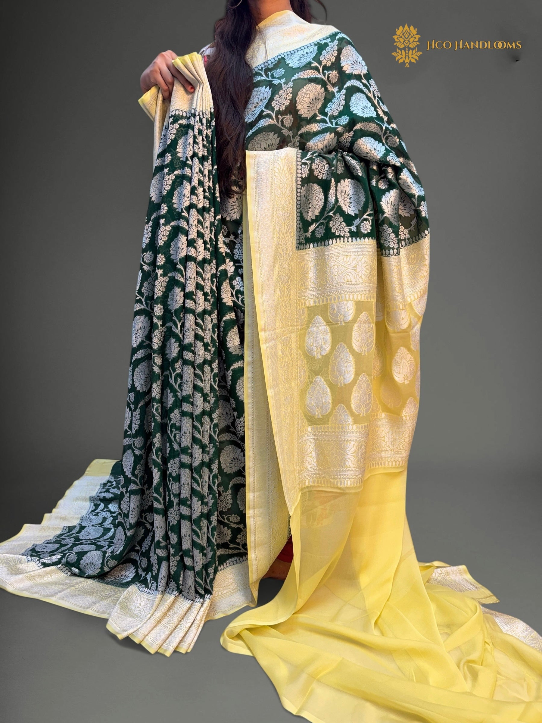 Pure Khaddi Georgette Silk Handloom Banarasi Saree With Bottle Green & Light Yellow Contrast