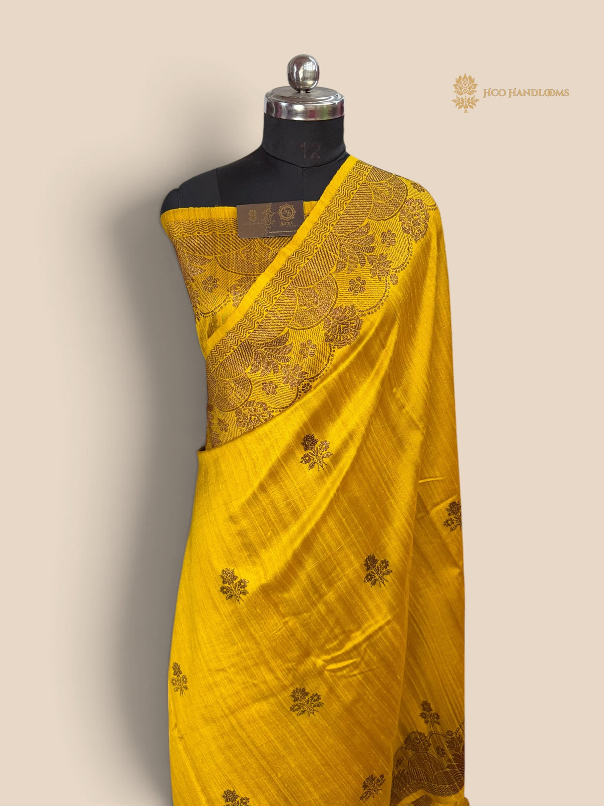 Yellow Pure Raw Tussar Silk Handloom Banarasi Saree - Kadhua Motifs