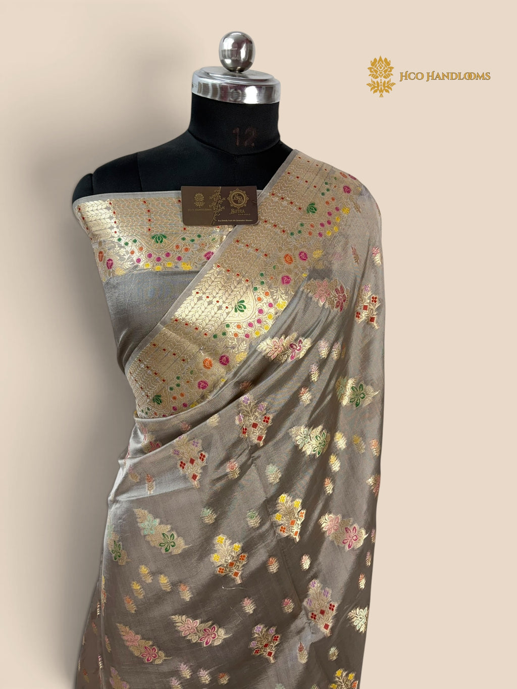 Gray Pure Mango Katan Silk Banarasi Saree - All Over Meenakari Motifs
