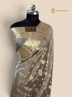 Gray Pure Mango Katan Silk Banarasi Saree - All Over Meenakari Motifs