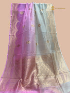 Half Ivory & Half Light Pink Pure  Kora Silk Handloom Banarasi Saree - All Over Meenakari Kadua Motifs