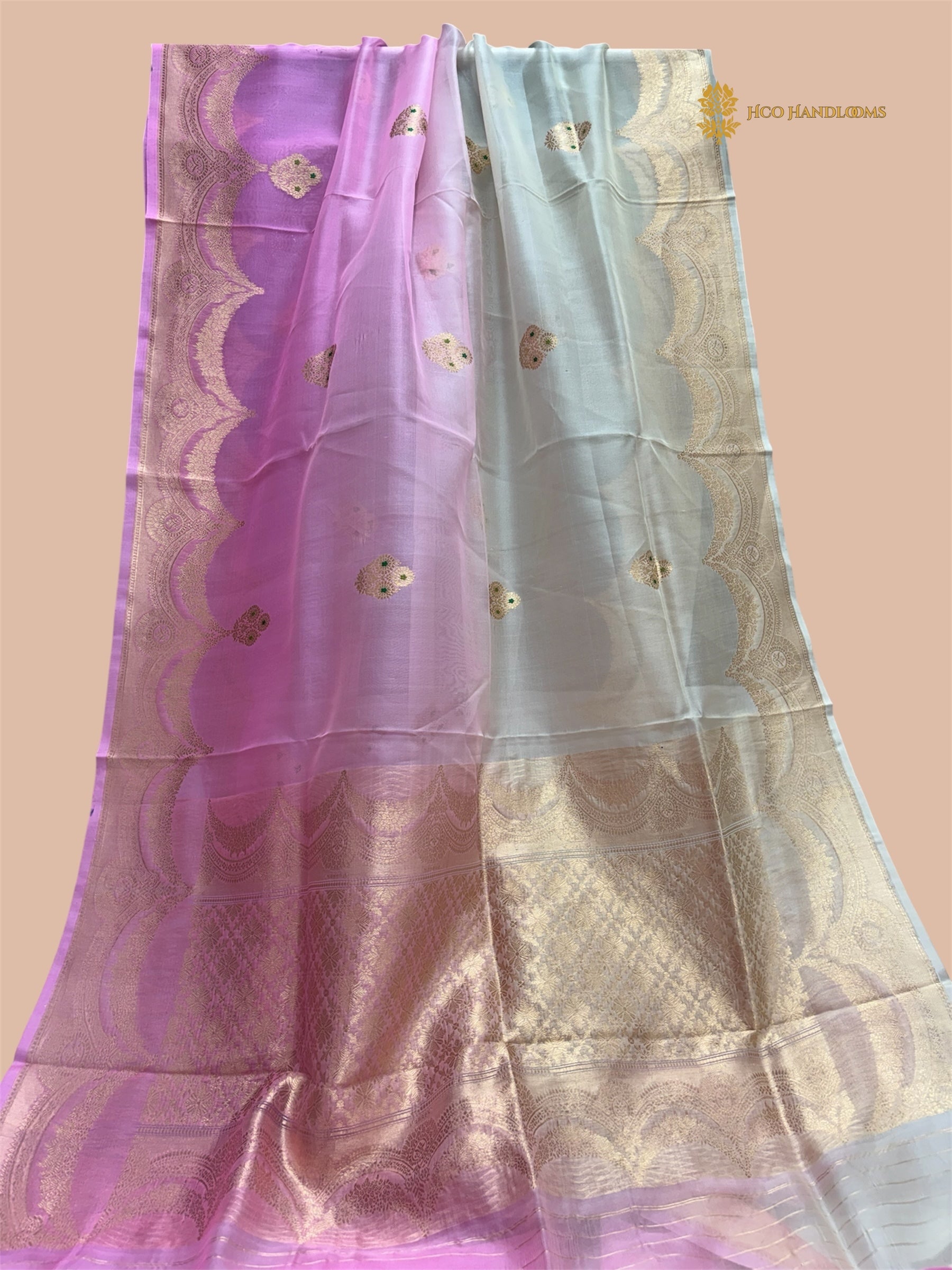 Half Ivory & Half Light Pink Pure  Kora Silk Handloom Banarasi Saree - All Over Meenakari Kadua Motifs