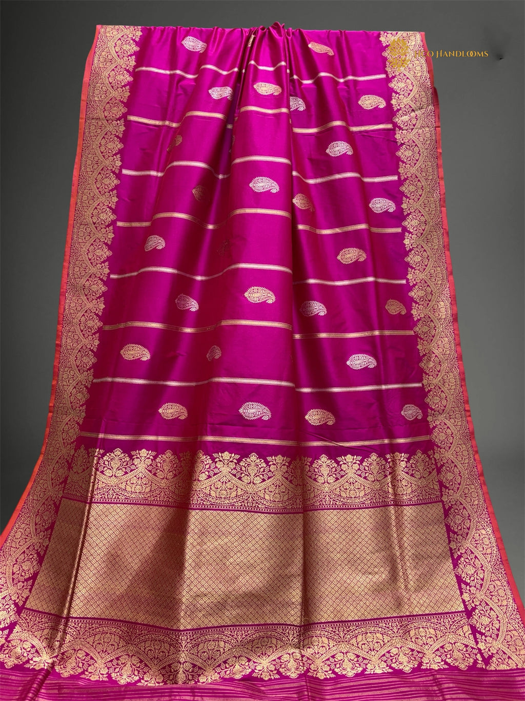 Regal Rani Pink Pure Katan Silk Handloom Banarasi saree - All Over Paisley Motifs With Stripes
