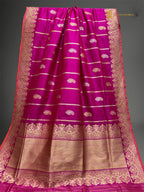 Regal Rani Pink Pure Katan Silk Handloom Banarasi saree - All Over Paisley Motifs With Stripes
