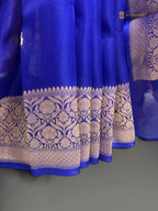 Regal Blue Pure Kora Silk Handloom Banrasi Saree - All Over Kadhua Motifs