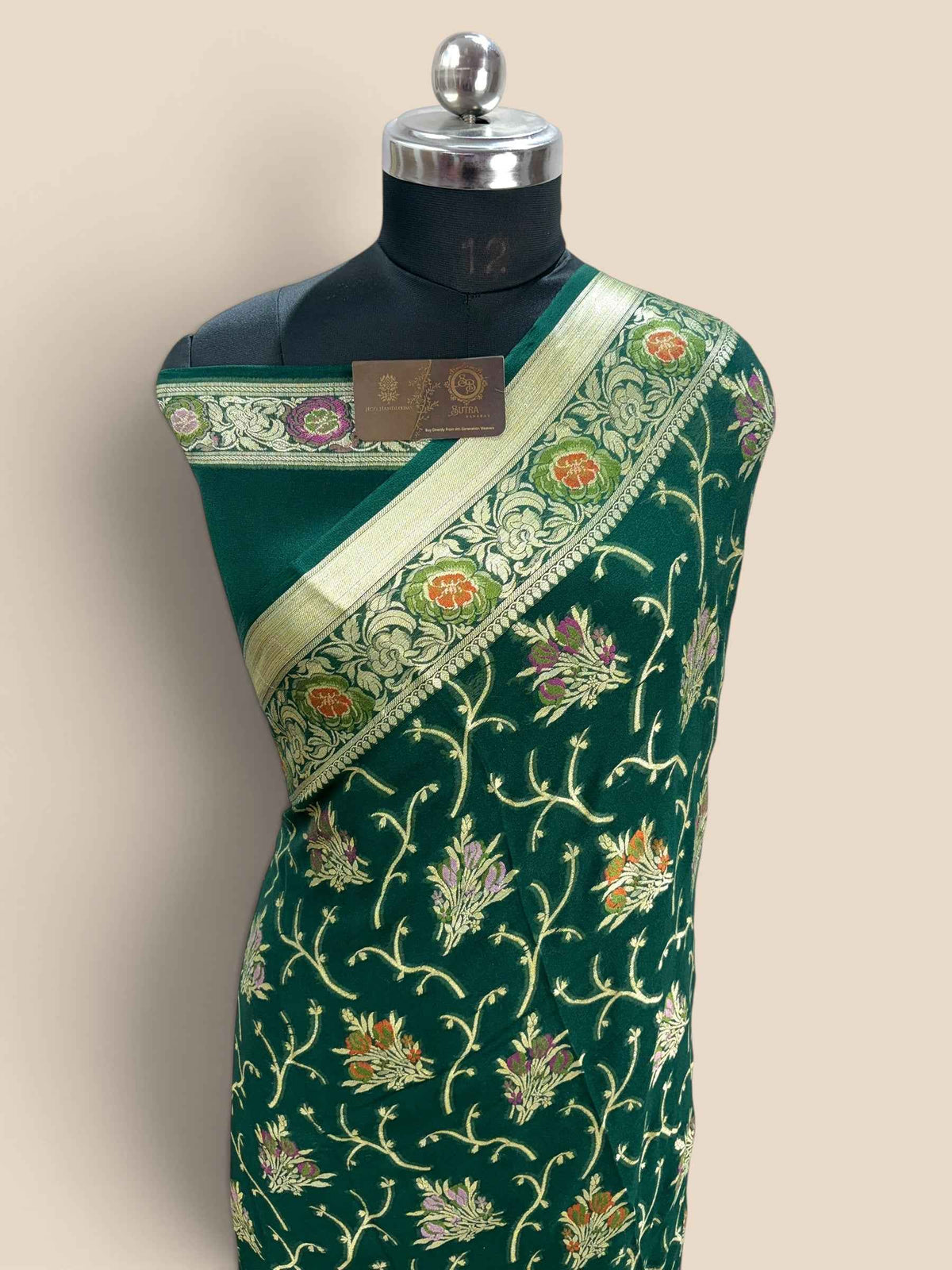 Green Pure Khaddi Chiffon Silk Banarasi Saree - Floral Vines Motifs