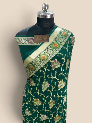 Green Pure Khaddi Chiffon Silk Banarasi Saree - Floral Vines Motifs