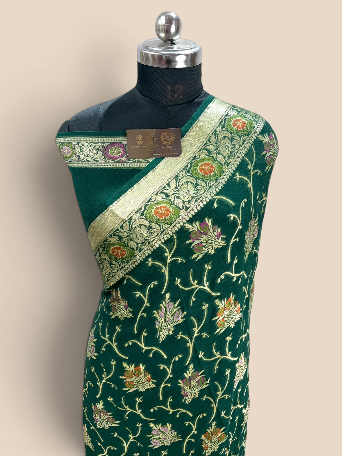 Green Pure Khaddi Chiffon Silk Banarasi Saree - Floral Vines Motifs