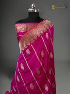 Regal Rani Pink Pure Katan Silk Handloom Banarasi saree - All Over Paisley Motifs With Stripes