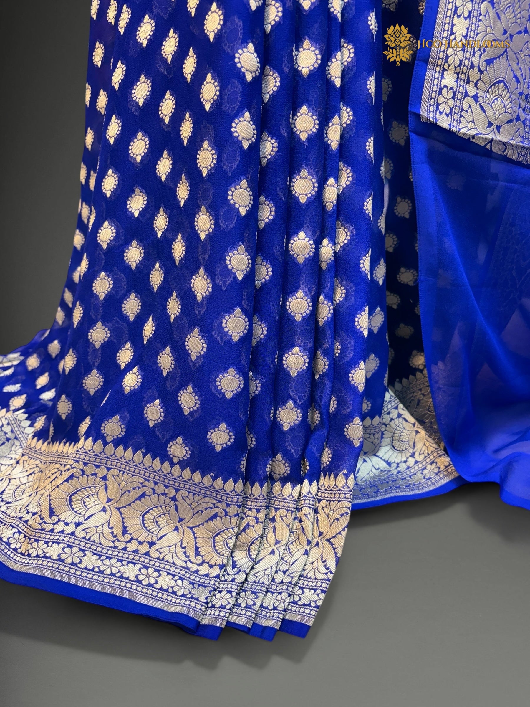 Royal Blue Pure Khaddi Georgette Silk Handloom Banarasi Saree - Silver Zari
