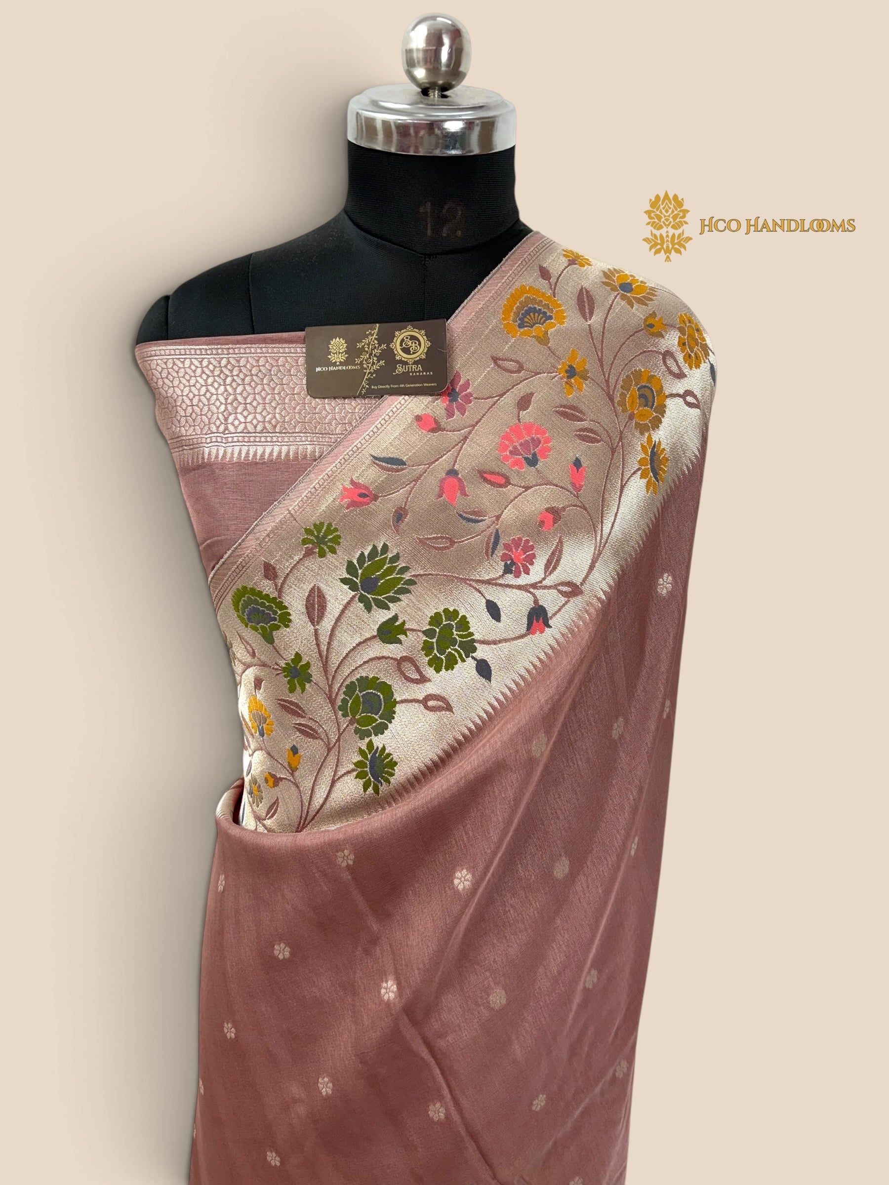 Pastel Wine Matka Tussar Silk Banarasi Saree - All Over Motifs & Paithani