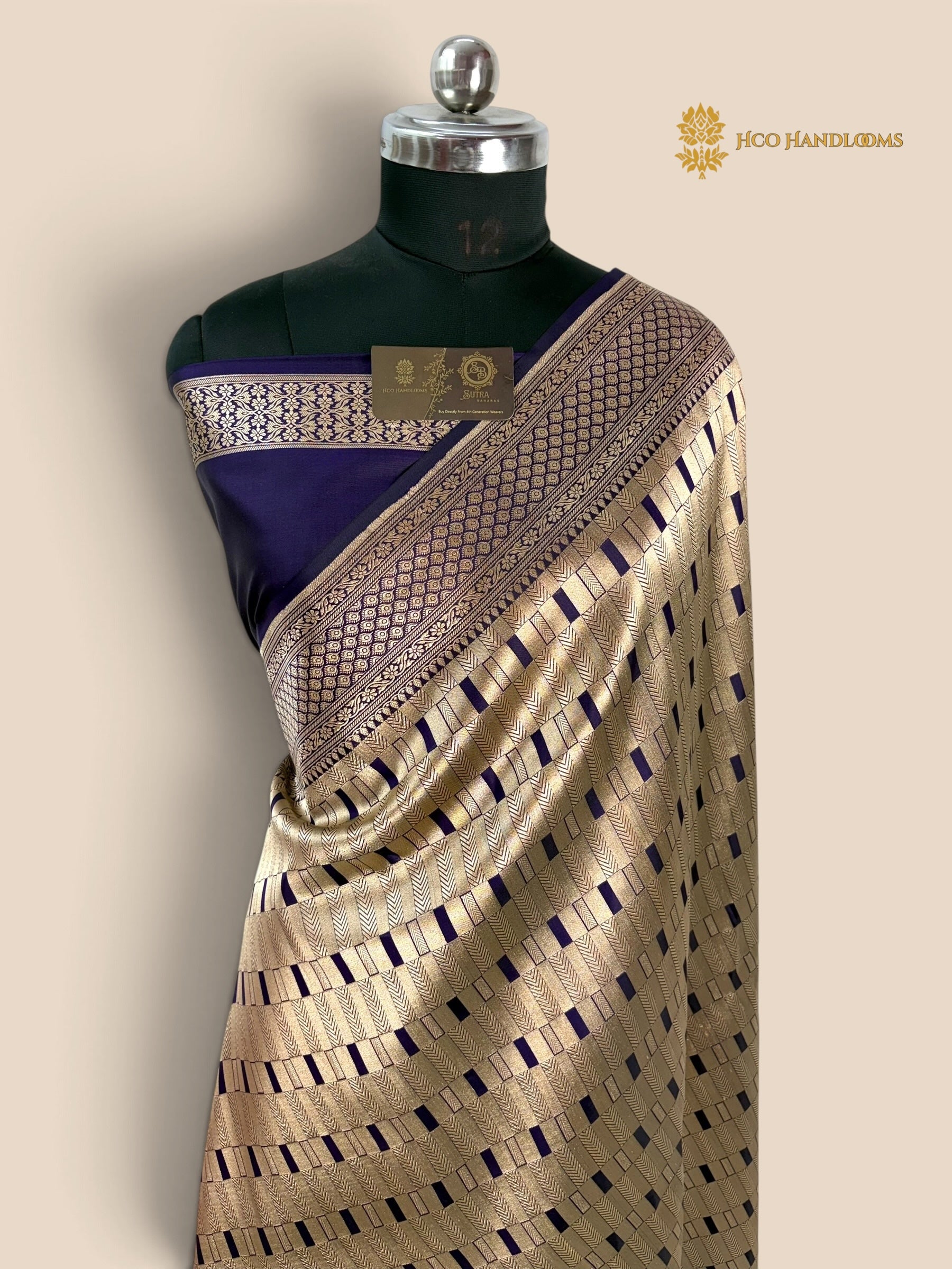 Royal Blue Pure Katan Silk Handloom Banarasi Saree - All Over Geometric Tanchui