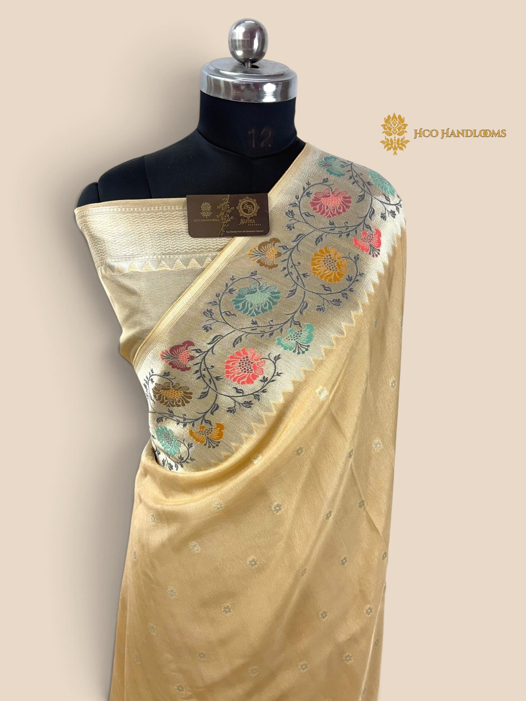 Ivory Matka Tussar Silk Banarasi Saree - All Over Motifs & Paithani