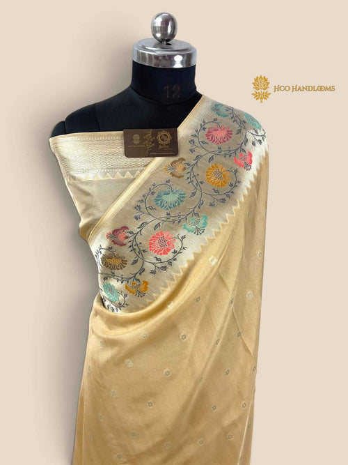 Ivory Matka Tussar Silk Banarasi Saree - All Over Motifs & Paithani