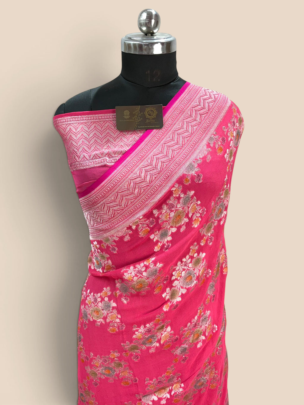 Pink Pure Khaddi Georgette Silk handloom Banarasi Saree - Water Zari