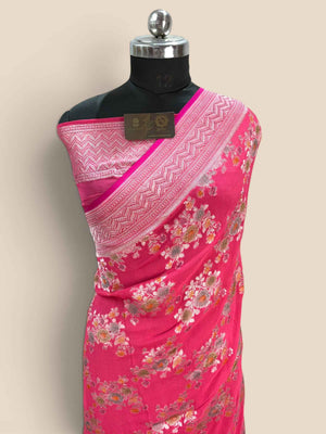Pink Pure Khaddi Georgette Silk handloom Banarasi Saree - Water Zari