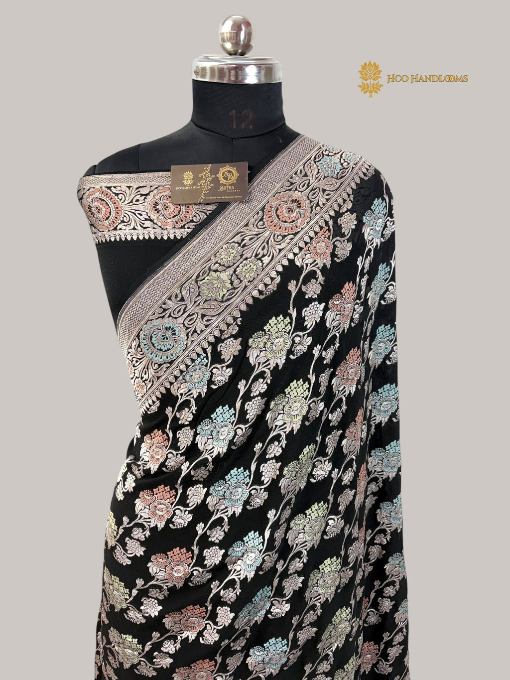 Black Pure Khaddi Georgette Silk Meenakari Handloom Banarasi Saree - Water Zari