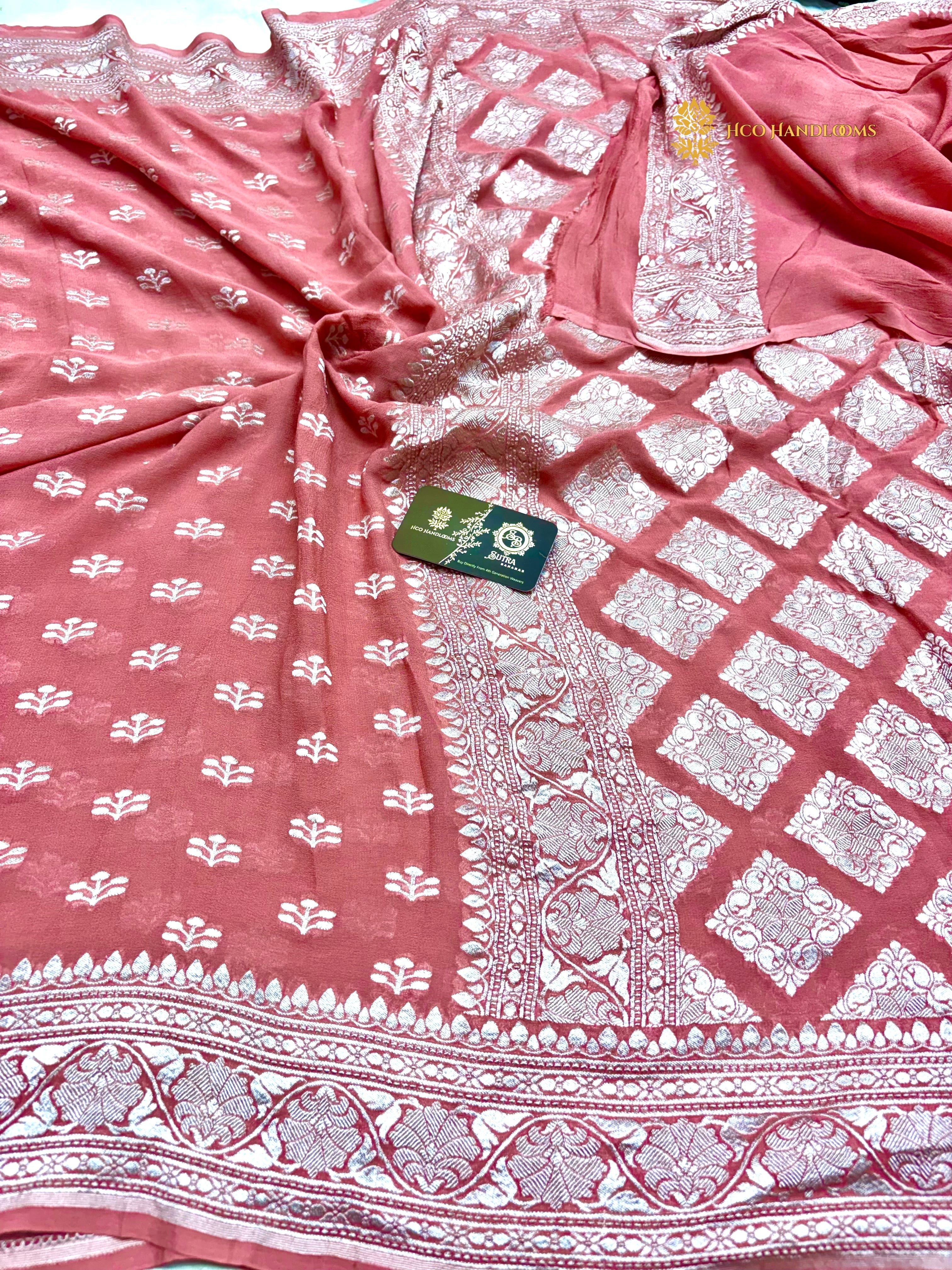 Peach Pure Khaddi Georgette Silk Handloom Banarasi Saree