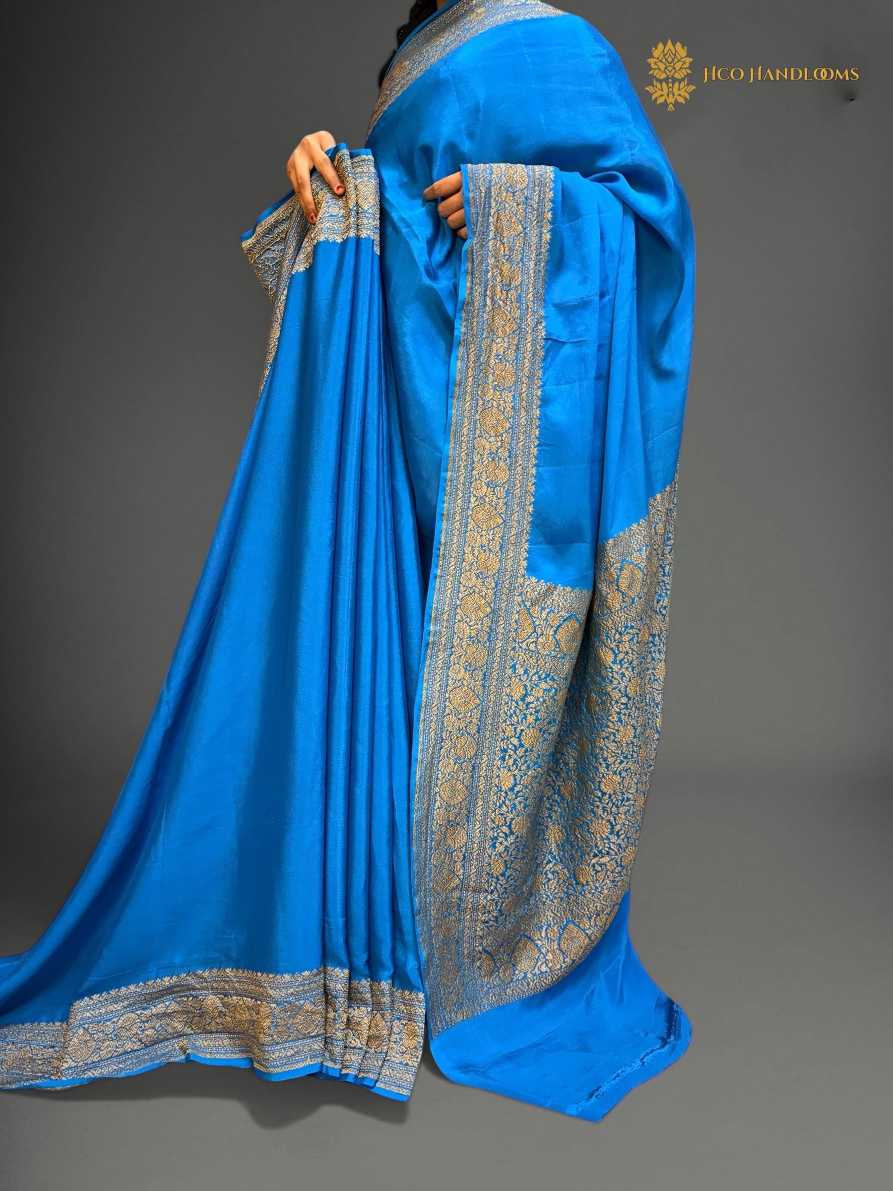 Blue Pure Khaddi Crepe Georgette Silk Handloom Banarasi Saree - Antique Zari
