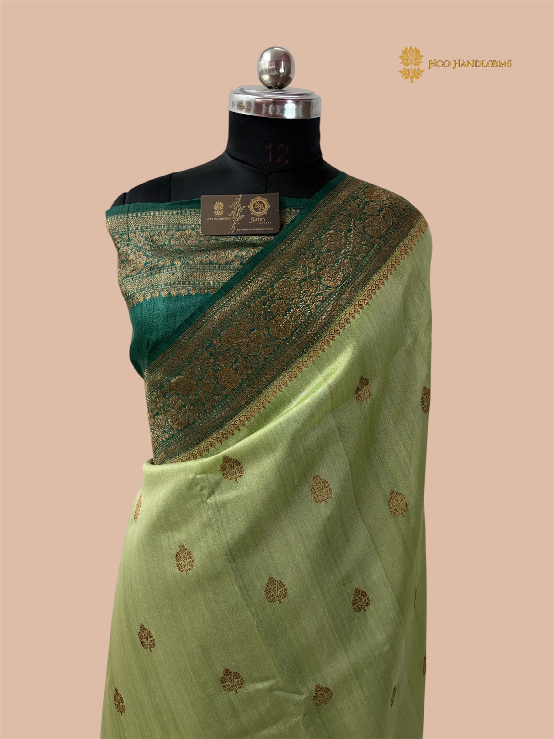 Green Pure Tussar Silk Handloom Banarasi Saree - All Over Motifs