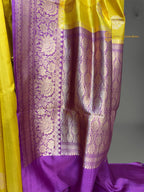 Regal Contrast Pure Mango Katan Silk Handloom Banarasi Saree - All Over Kadhua Motifs
