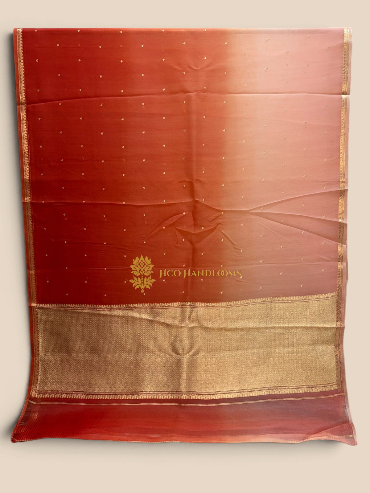 Orange & Peach Ombre Pure Kora Silk Handloom Banarasi Saree - All Over Small Buti