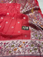 Pastel Red Matka Tussar Silk Banarasi Saree - All Over Motifs & Paithani