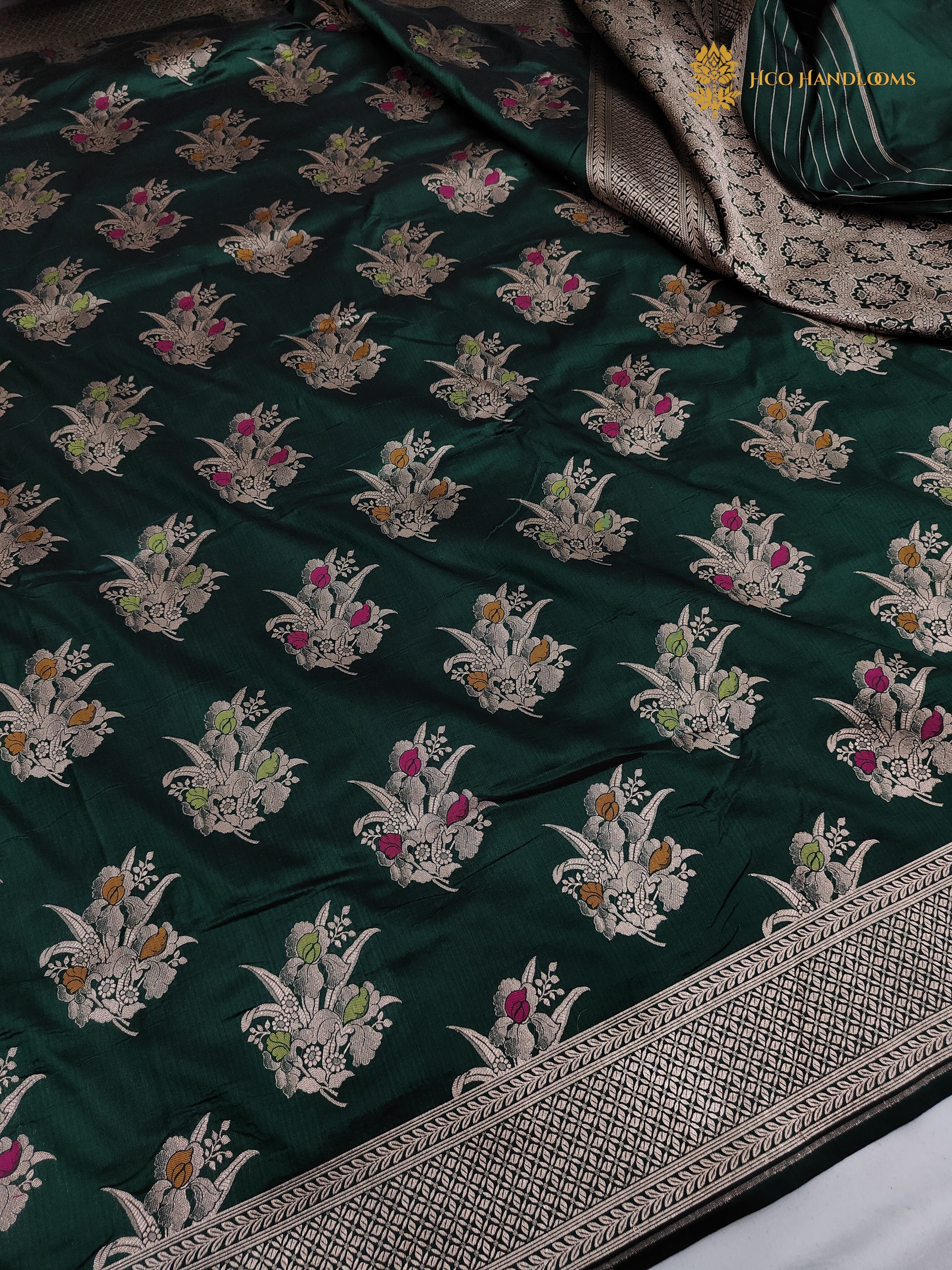 Bottle Green Pure Katan Silk Handloom Banarasi Saree - All Over Meenakari Motifs