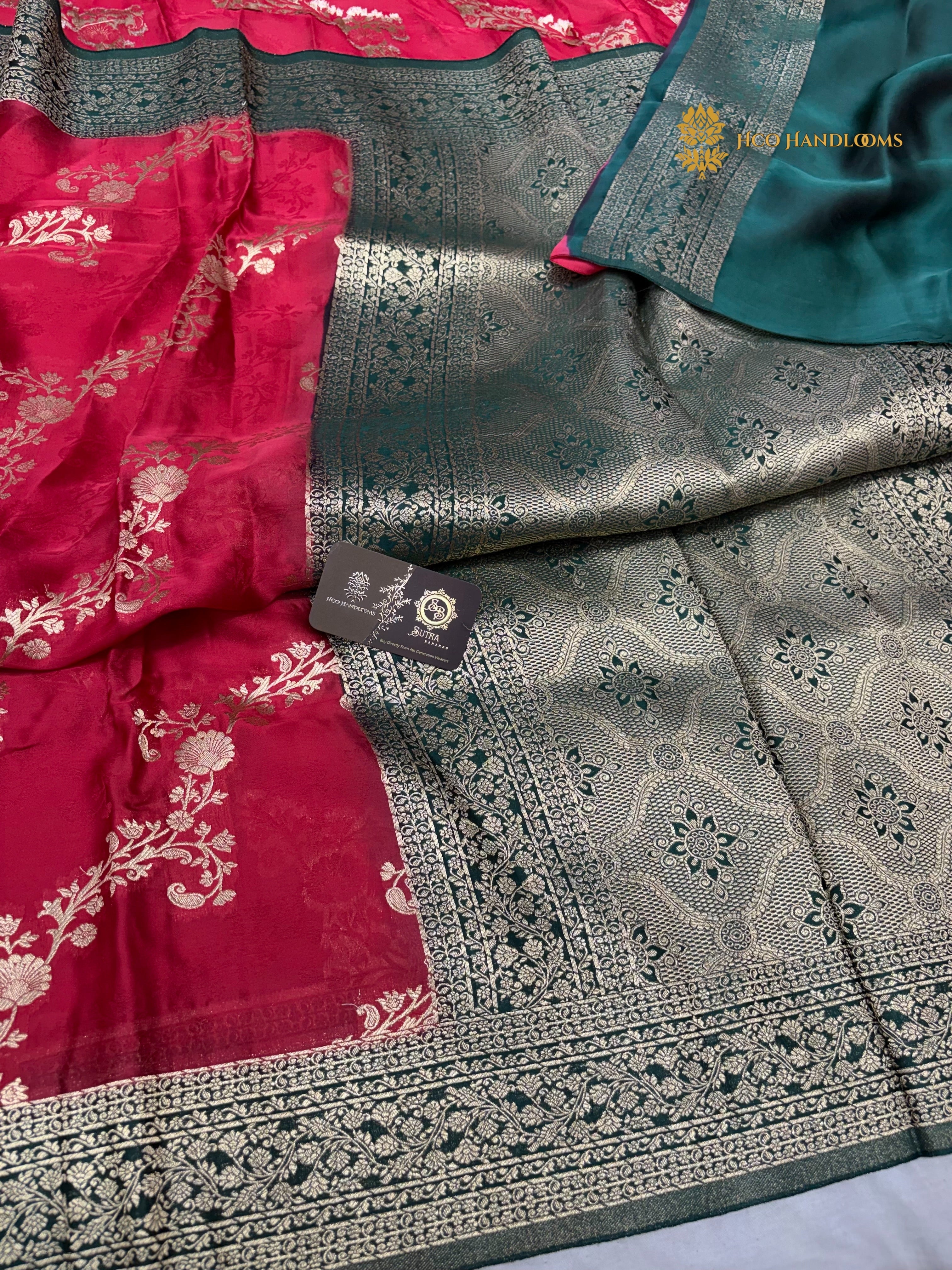 Premium Mashru Crepe Silk Banarasi Saree - All Over Floral Diagonal