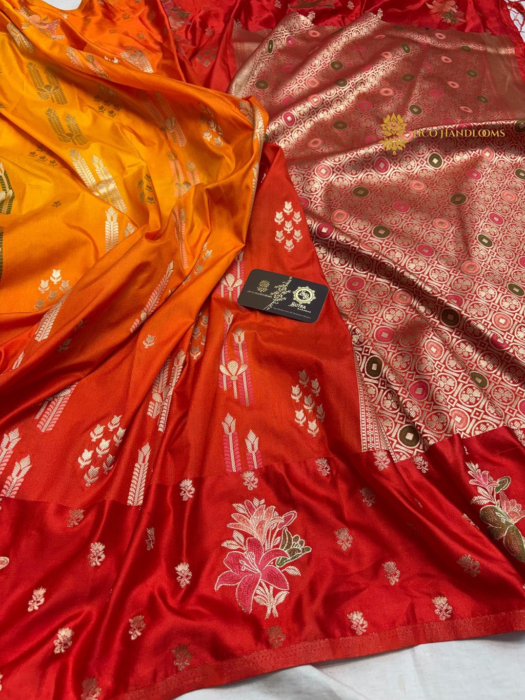 Orange To Red Gradient Premium Soft Silk Banarasi Saree - All Over Meenakari Motifs