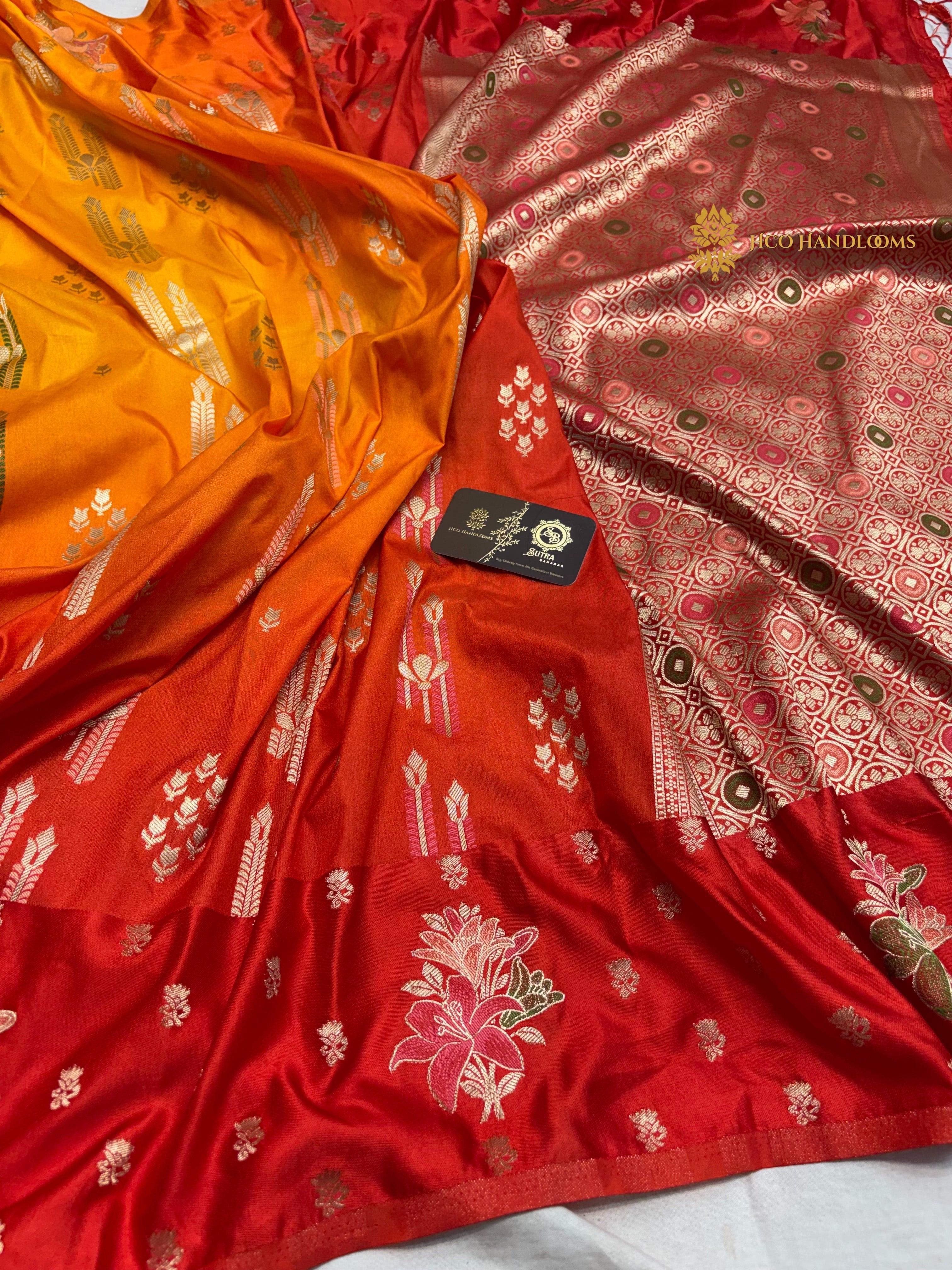 Orange To Red Gradient Premium Soft Silk Banarasi Saree - All Over Meenakari Motifs