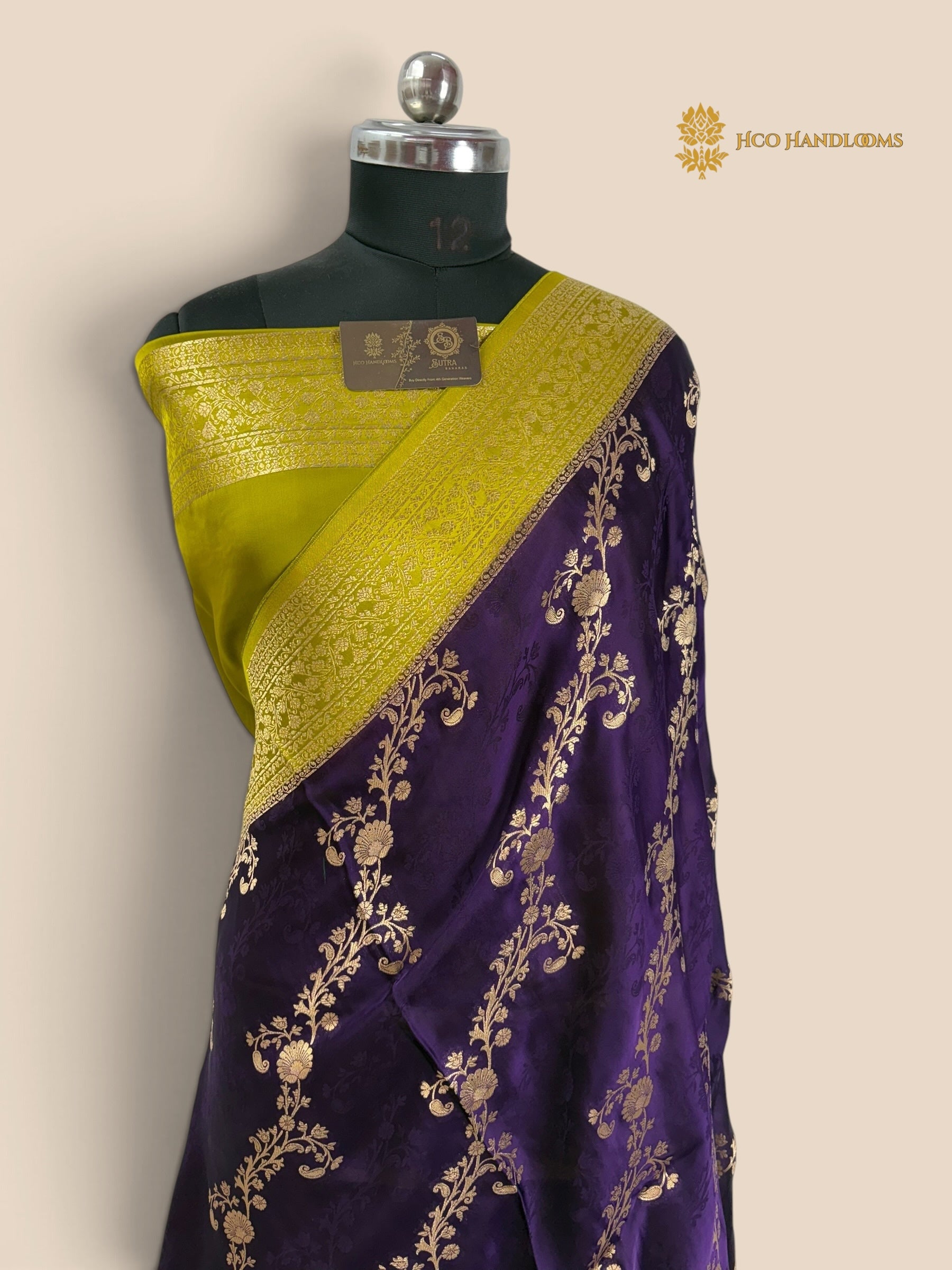Premium Mashru Crepe Silk Banarasi Saree - All Over Floral Diagonal