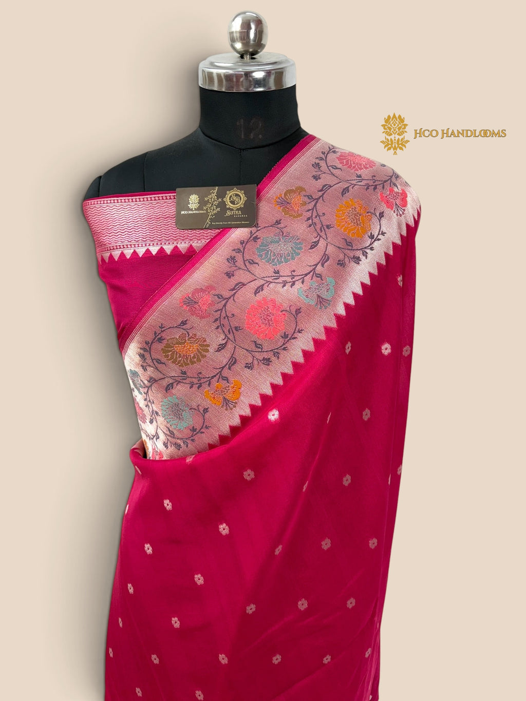 Cherry Pink Matka Tussar Silk Banarasi Saree - All Over Motifs & Paithani