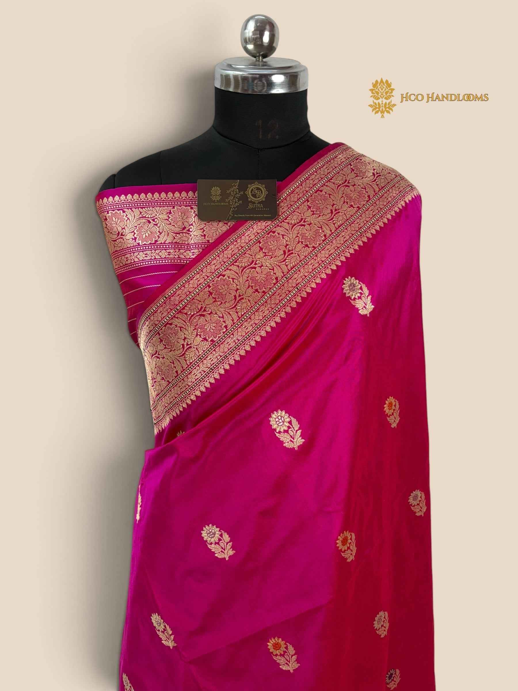 Rani Pink Pure Katan Silk Handloom banarasi saree - All Over Kadhua Motifs