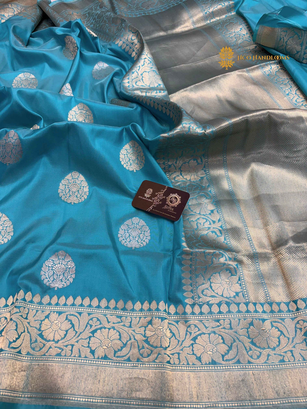 Light Blue Pure Katan Silk Handloom banarasi saree - All Over Kadhua Motifs