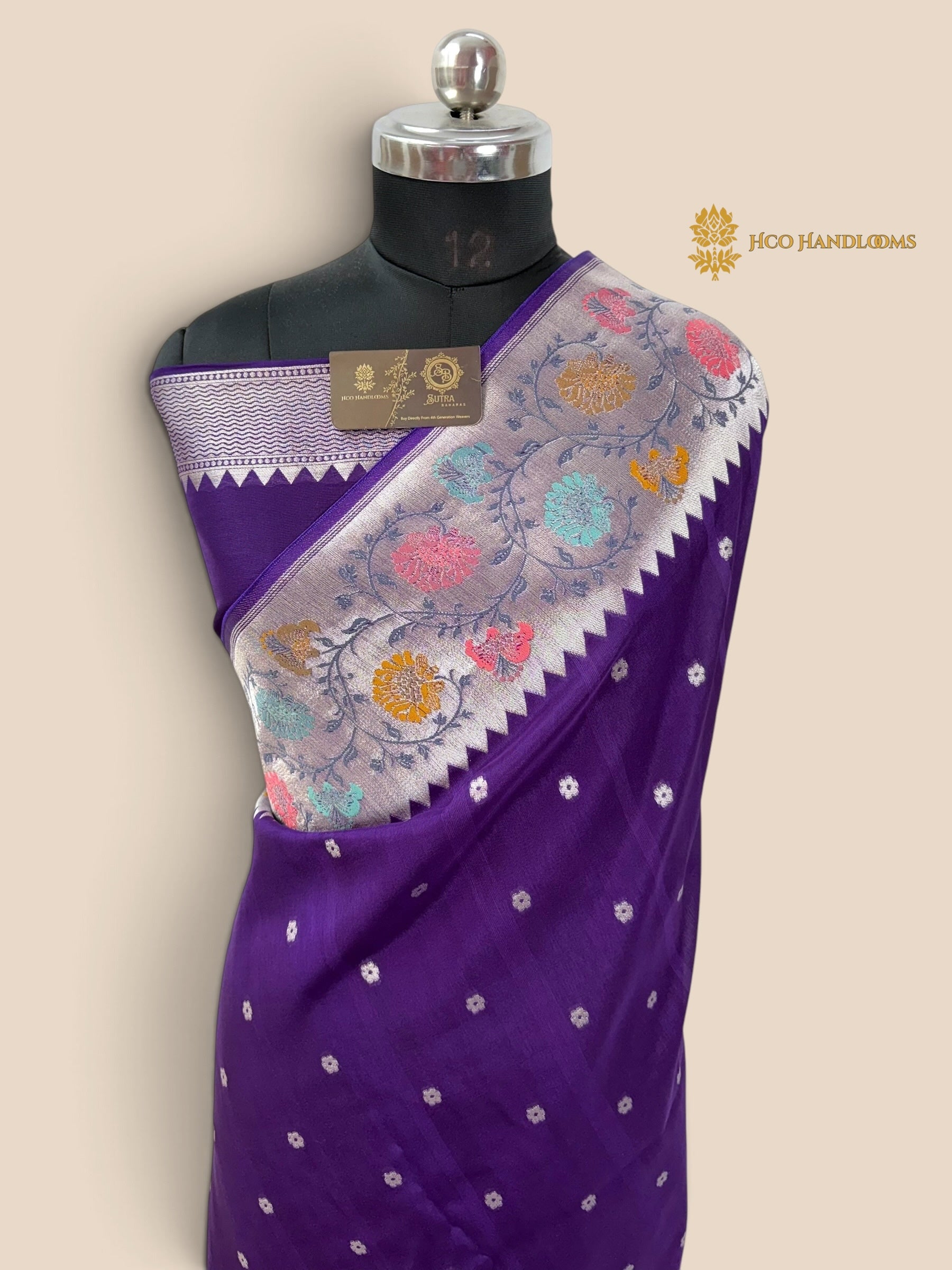 Purple Matka Tussar Silk Banarasi Saree - All Over Motifs & Paithani