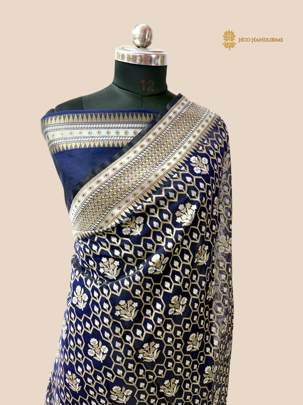 Navy Blue Premium Cotton Jamdani Banarasi Saree - All Over Jaal