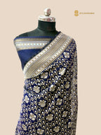 Navy Blue Premium Cotton Jamdani Banarasi Saree - All Over Jaal