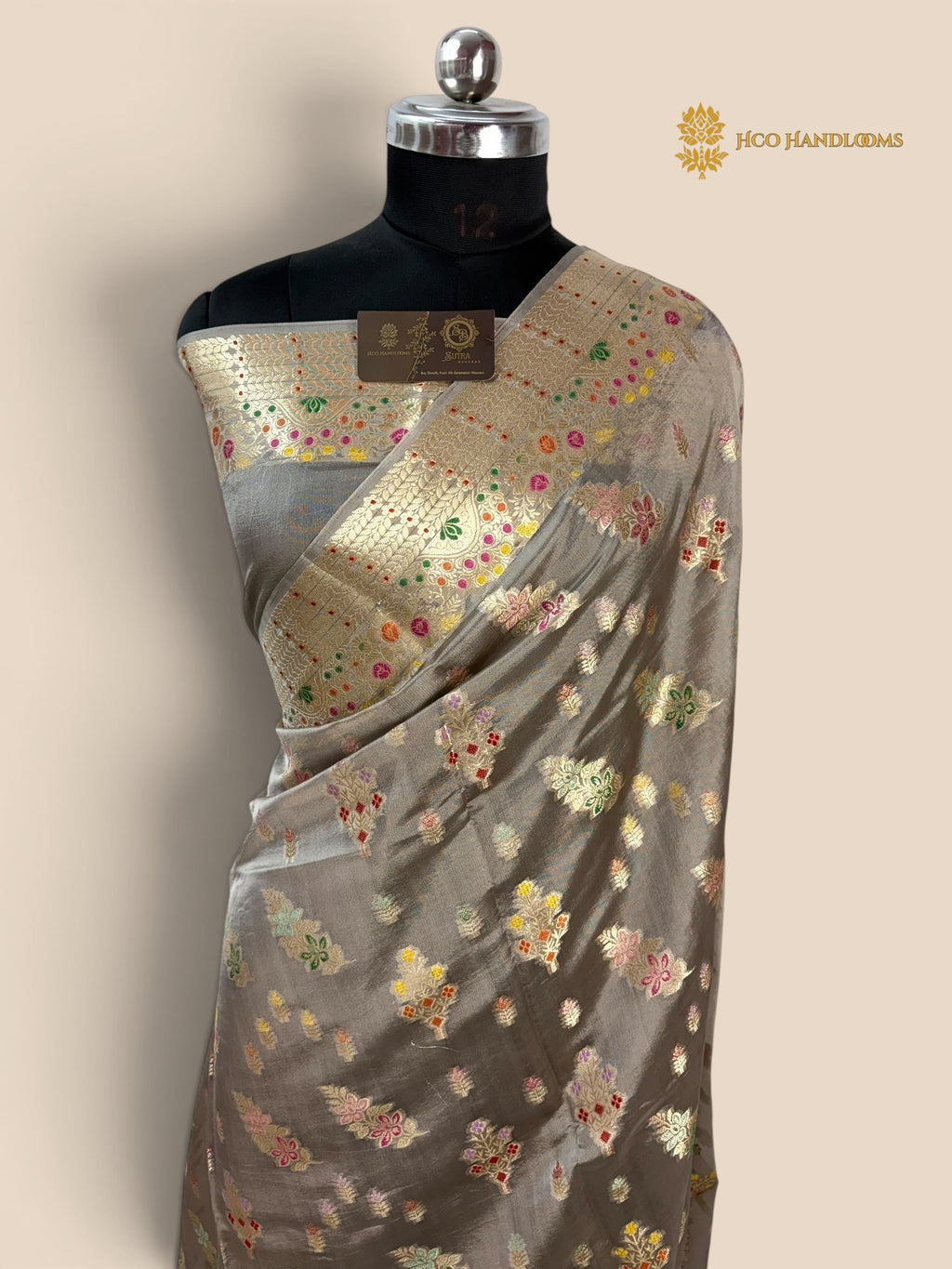 Gray Pure Mango Katan Silk Banarasi Saree - All Over Meenakari Motifs