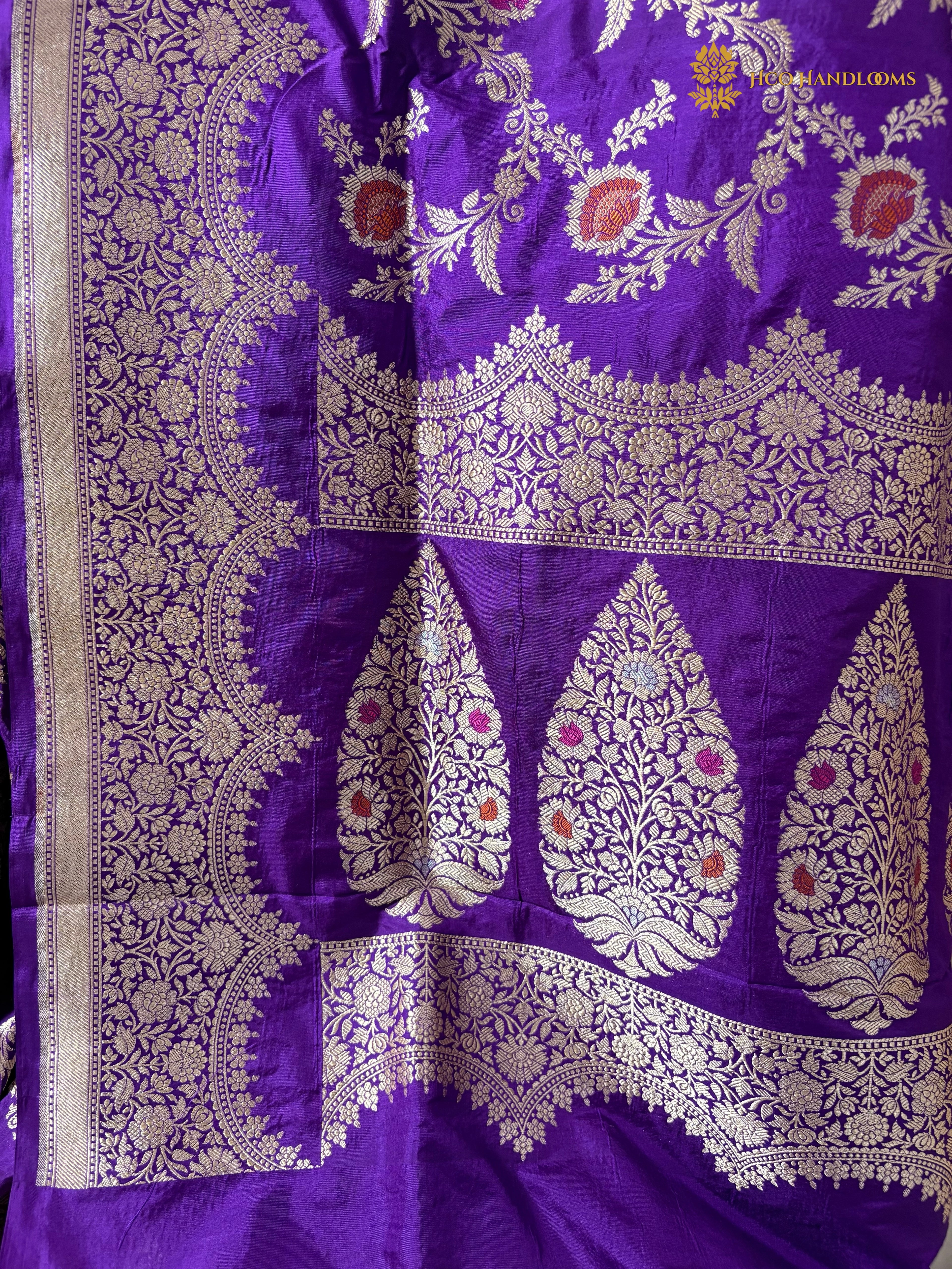 Regal Pure Katan Silk Handloom Cutwork Jangla Meenakari Banarasi Saree