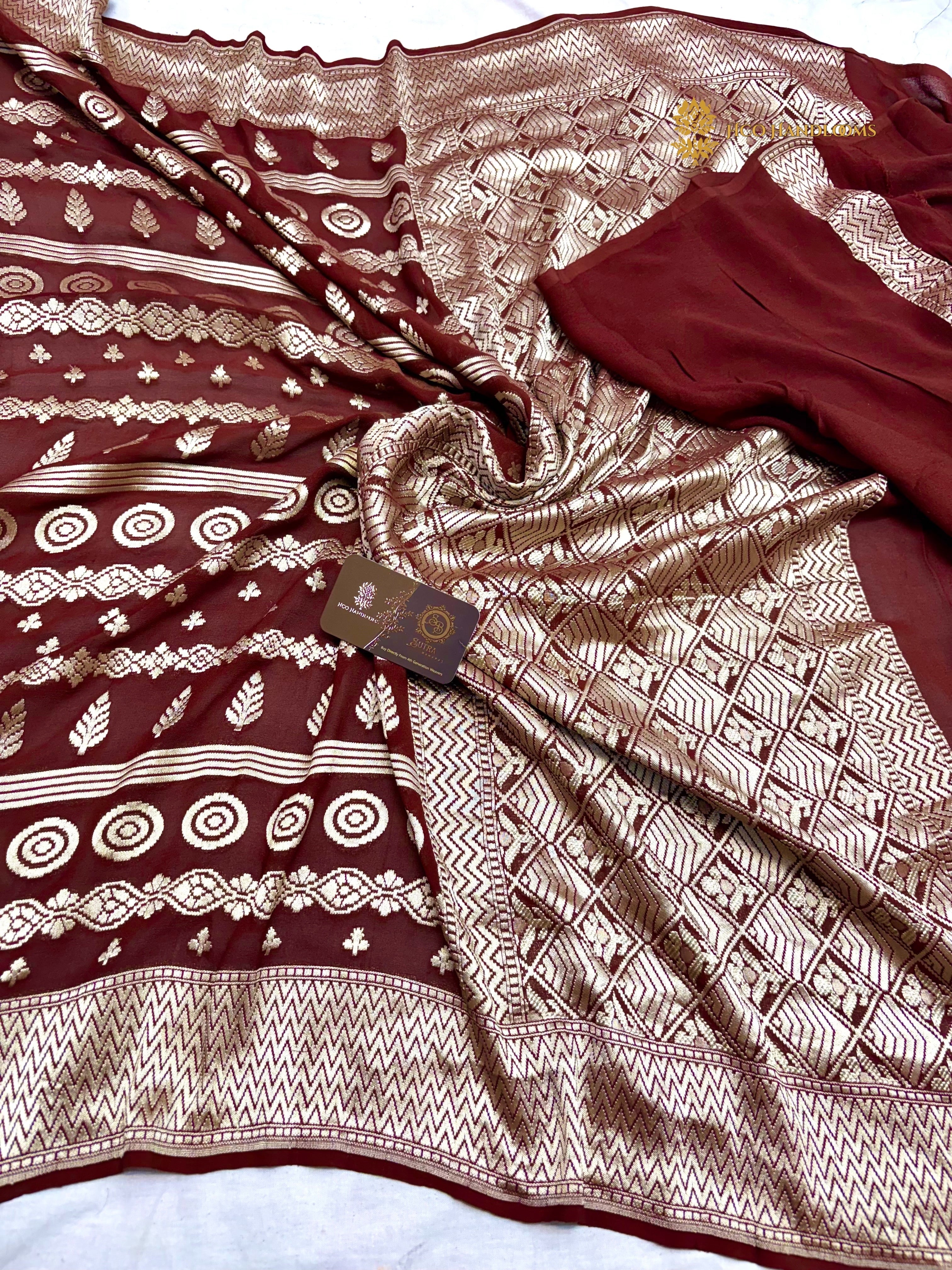 Brown Pure Khaddi Georgette Silk Handloom Banarasi Saree