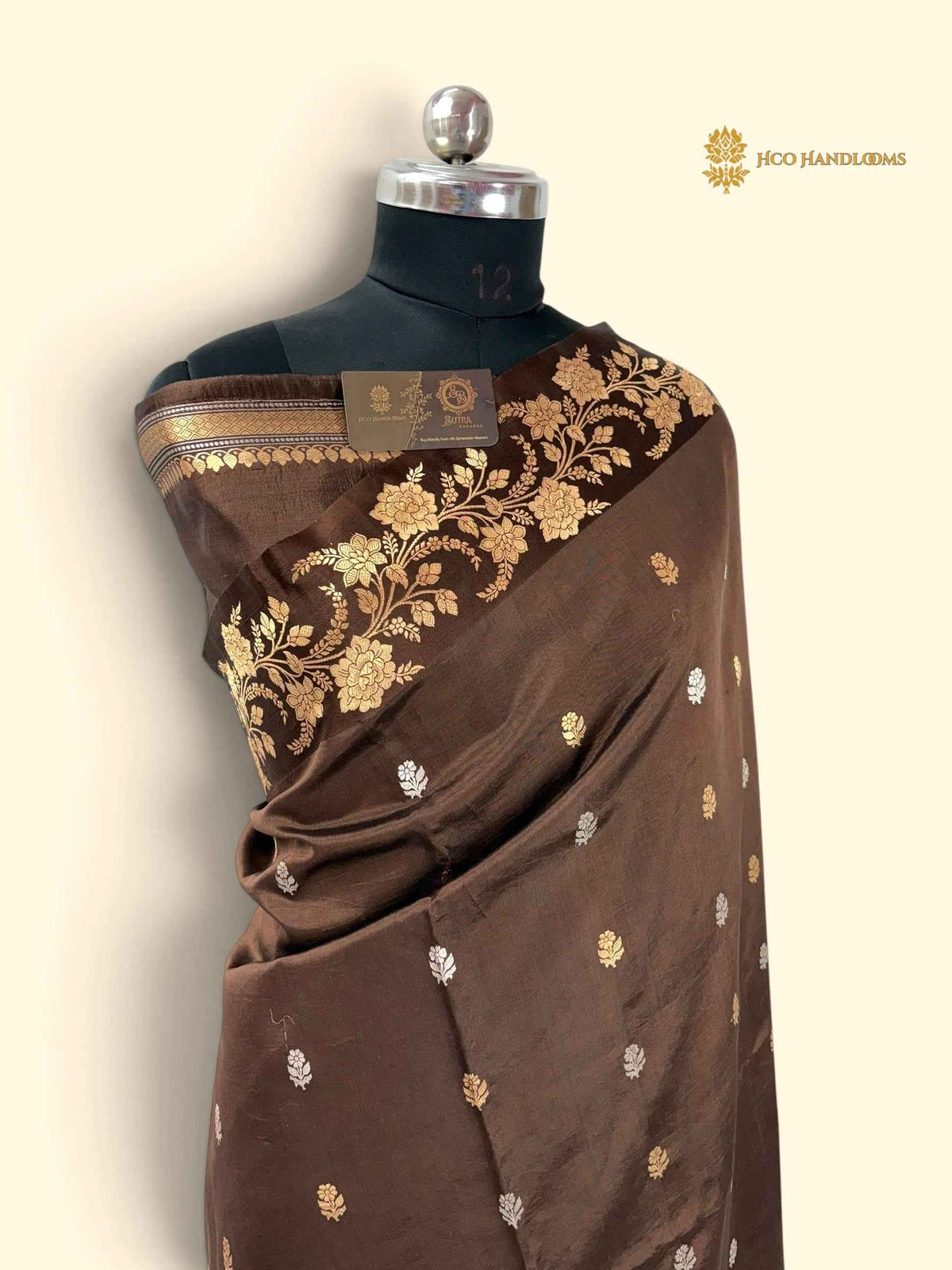 Brown Pure Mango Katan Silk Handloom Banarasi Saree - All Over Motifs