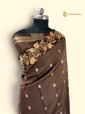 Brown Pure Mango Katan Silk Handloom Banarasi Saree - All Over Motifs