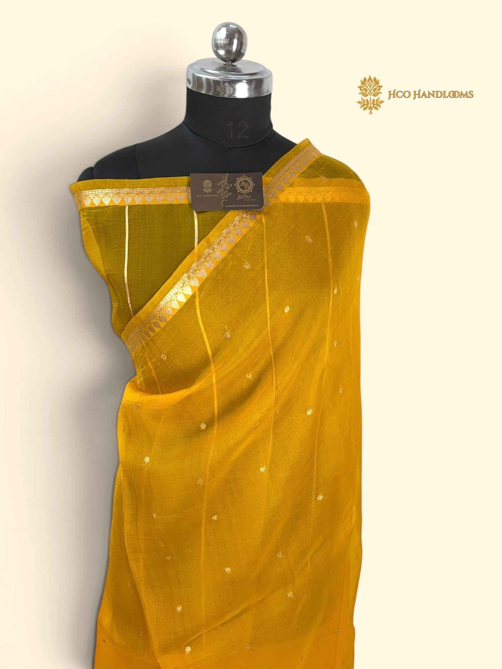 Gold Pure Kora Silk Handloom Banarasi Saree - All Over Small Buti