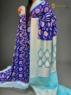 Pure Khaddi Georgette Silk Handloom Banarasi Saree With Royal Blue & Light Blue Contrast
