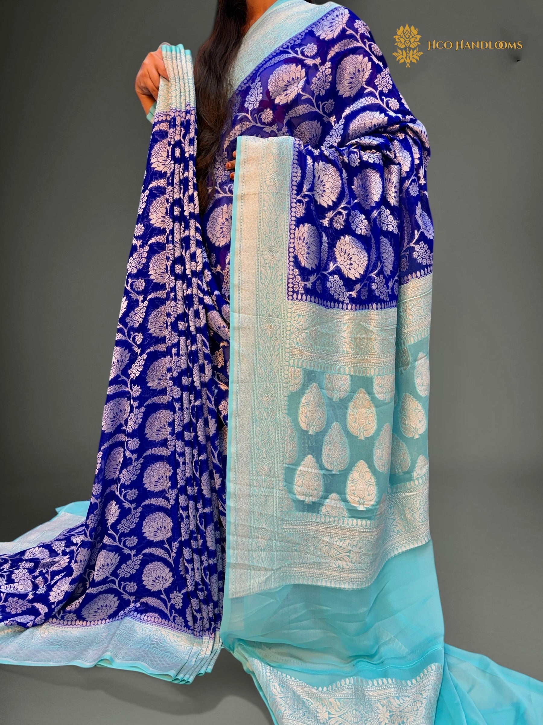 Pure Khaddi Georgette Silk Handloom Banarasi Saree With Royal Blue & Light Blue Contrast