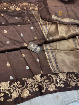 Brown Pure Mango Katan Silk Handloom Banarasi Saree - All Over Motifs