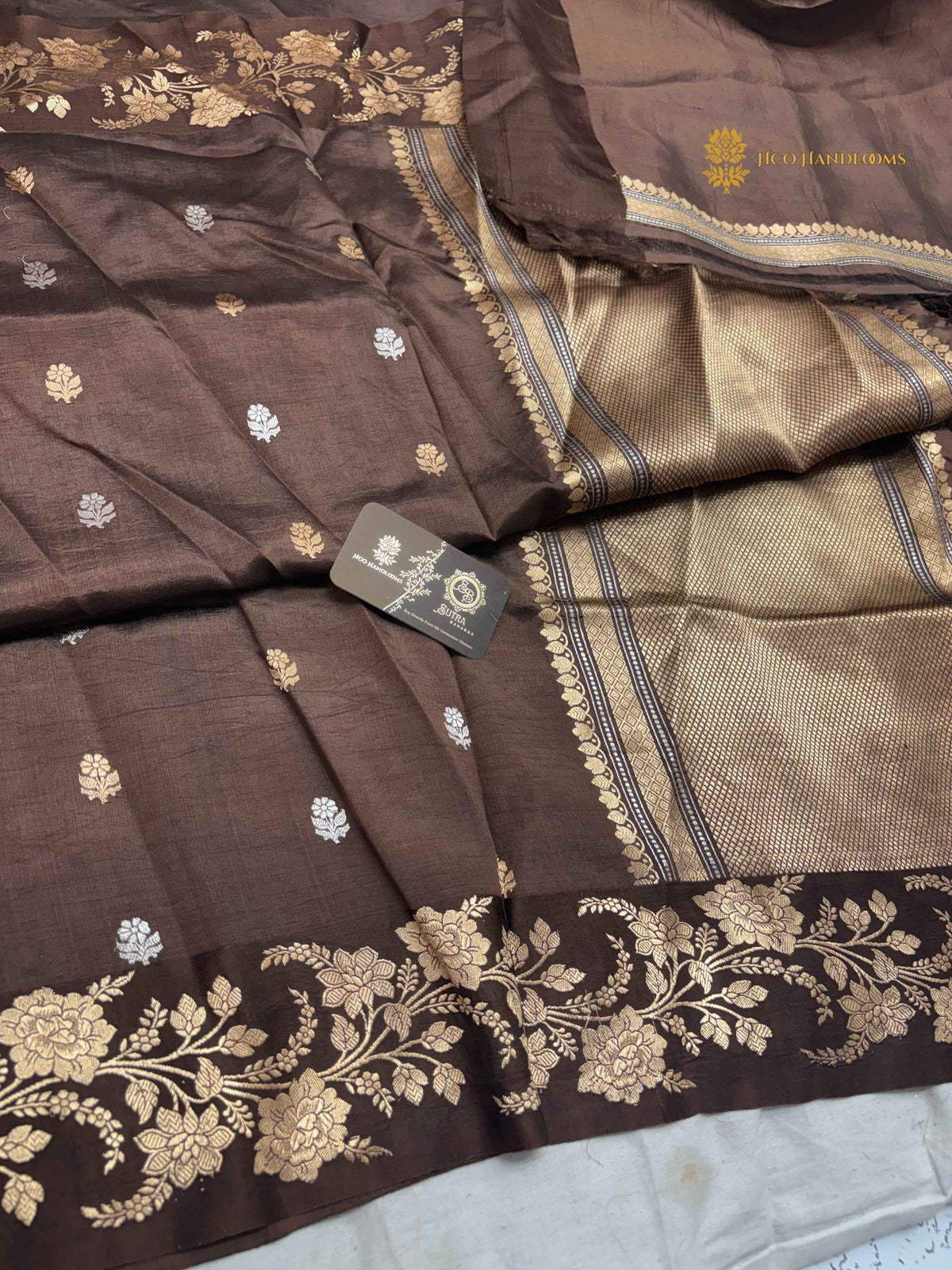 Brown Pure Mango Katan Silk Handloom Banarasi Saree - All Over Motifs